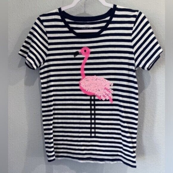 J.Crew Embellished Flamingo Preppy Mod Boho Kitschy Collector Tee Striped - Picture 1 of 5